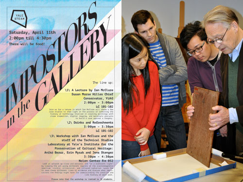 Ian McClure, right, examines the thin panel support of a painting with students