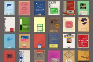 A colorful grid of paper samples against a brown-grey background.