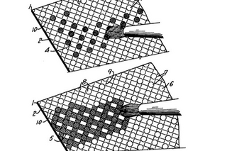 A black and white cartoon drawing of a checkered surface and a paintbrush.