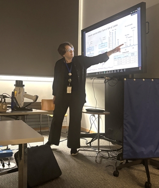 Dr. Aniko Bezur points at a presentation being displayed on a screen.